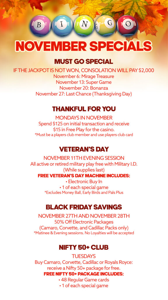 Dancing Eagle Casino Bingo October Specials—Double Down Days Monday through Thursday, Nifty 50+ Tuesdays, Second Chance Wheel Saturdays Matinee, 13 Days of Halloween starting October 19, and Halloween Costume Contest on October 31 with cash and bingo voucher prizes. Orange and black spooky graveyard background.