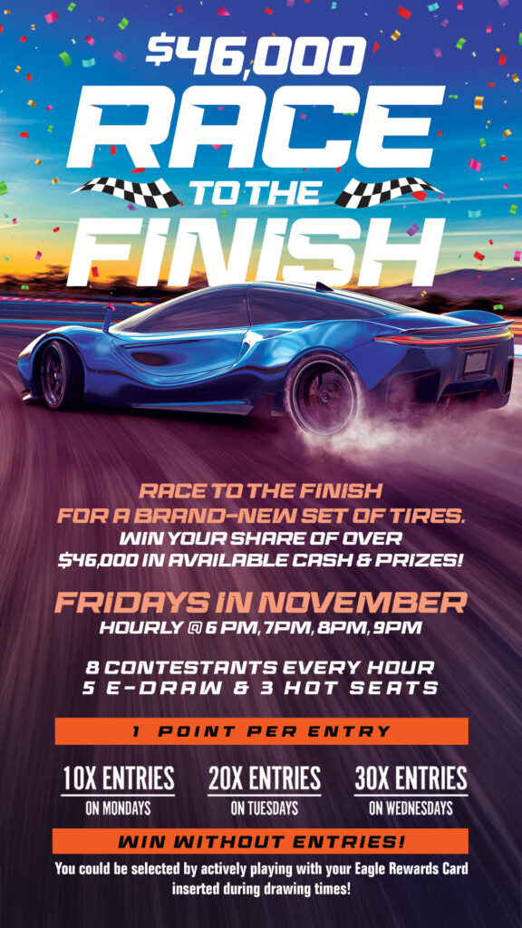 Dancing Eagle Casino Potions of Prizes—Fridays in October, 6–9 PM. Win cash and prizes with bonus entries and hot seat drawings. 4 Contestants every hour: 3 drawn & 1 Hot Seat. Entry multipliers Monday, Tuesday and Wednesdays. Win without entries by actively playing with your Eagle Rewards Card. Colorful cauldron with swirling smoke and potion imagery.