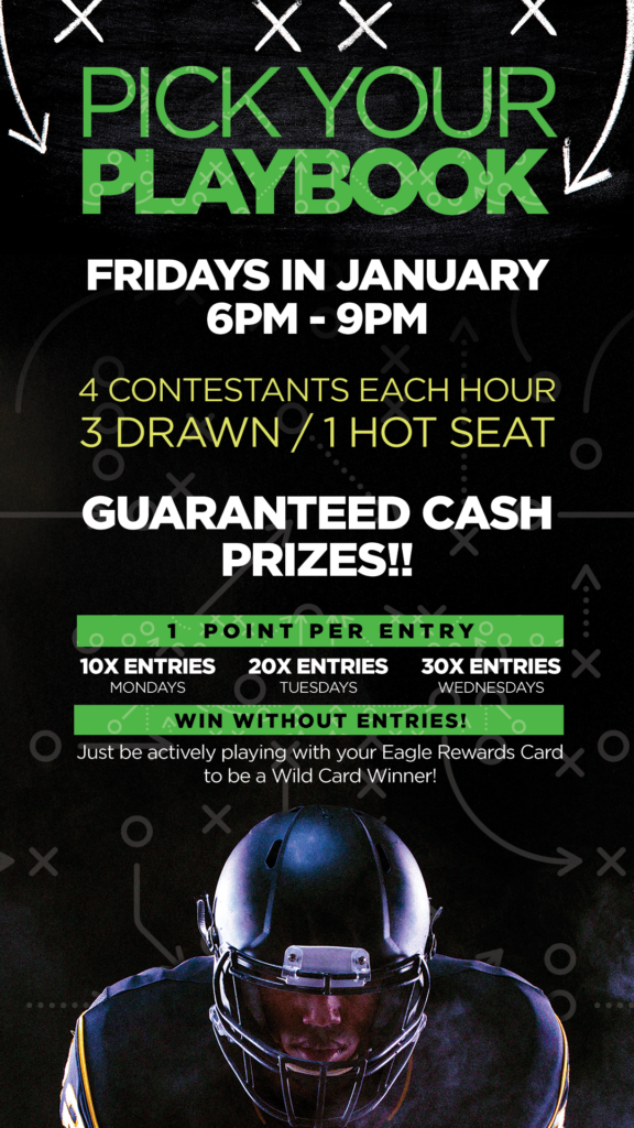 Dancing Eagle Casino Potions of Prizes—Fridays in October, 6–9 PM. Win cash and prizes with bonus entries and hot seat drawings. 4 Contestants every hour: 3 drawn & 1 Hot Seat. Entry multipliers Monday, Tuesday and Wednesdays. Win without entries by actively playing with your Eagle Rewards Card. Colorful cauldron with swirling smoke and potion imagery.