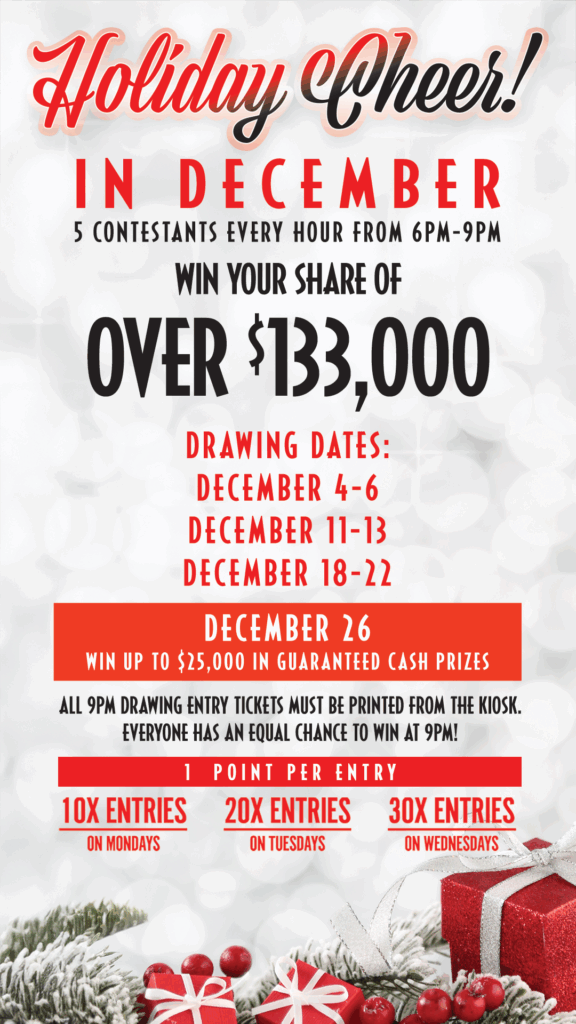 Dancing Eagle Casino Potions of Prizes—Fridays in October, 6–9 PM. Win cash and prizes with bonus entries and hot seat drawings. 4 Contestants every hour: 3 drawn & 1 Hot Seat. Entry multipliers Monday, Tuesday and Wednesdays. Win without entries by actively playing with your Eagle Rewards Card. Colorful cauldron with swirling smoke and potion imagery.