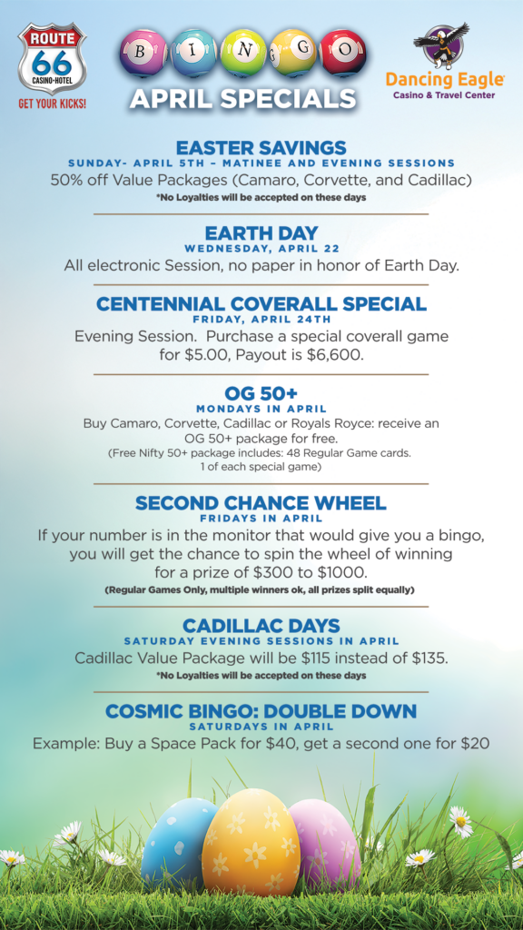 Dancing Eagle Casino Bingo October Specials—Double Down Days Monday through Thursday, Nifty 50+ Tuesdays, Second Chance Wheel Saturdays Matinee, 13 Days of Halloween starting October 19, and Halloween Costume Contest on October 31 with cash and bingo voucher prizes. Orange and black spooky graveyard background.