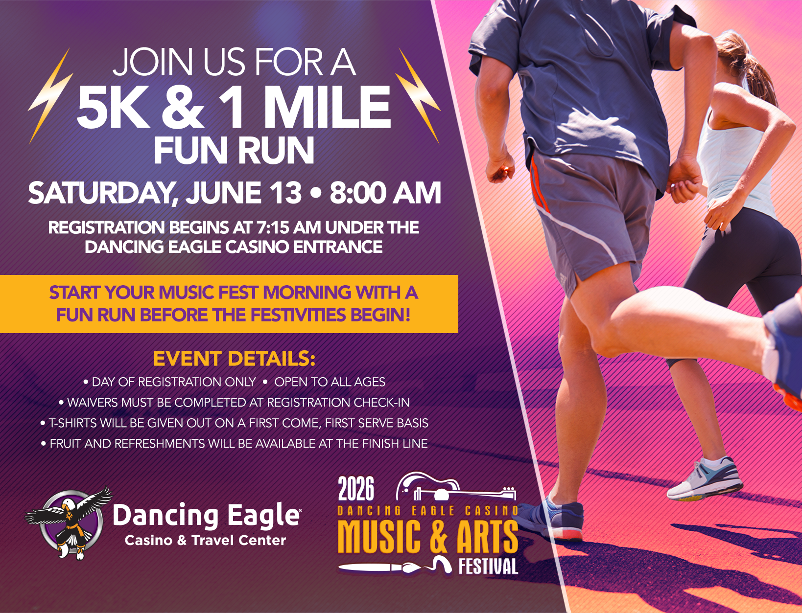 Promotional graphic for the 2026 Dancing Eagle Casino Music & Arts Festival. Text highlights a free event on June 13, 2026, from Noon–8 PM, featuring a day-long Battle of the Bands and more than 60 arts and crafts vendors in the artists’ showcase. Includes Dancing Eagle Casino & Travel Center branding, Route 66 Centennial logo, and a note to contact the Players Club for details.