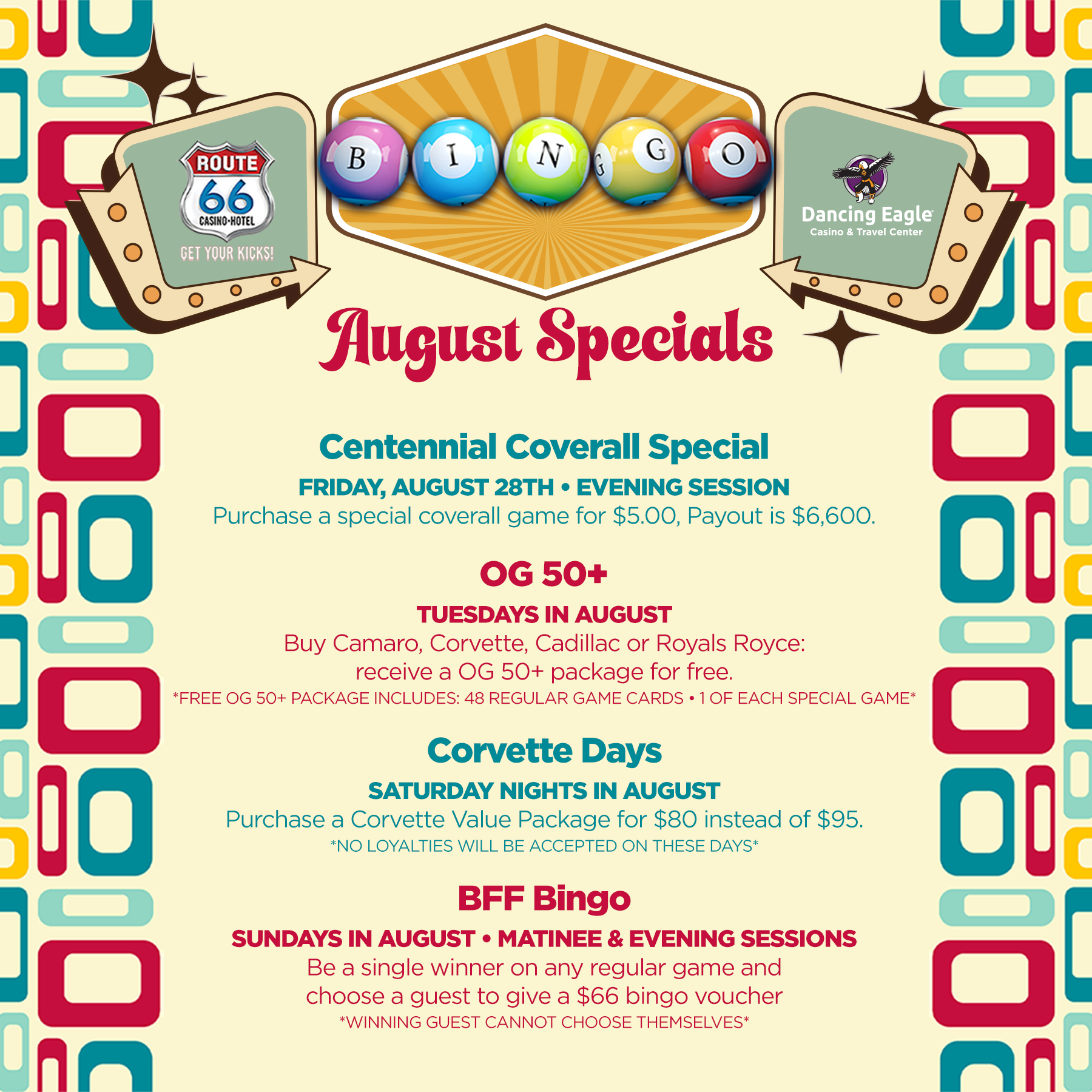 Dancing Eagle Casino Bingo October Specials—Double Down Days Monday through Thursday, Nifty 50+ Tuesdays, Second Chance Wheel Saturdays Matinee, 13 Days of Halloween starting October 19, and Halloween Costume Contest on October 31 with cash and bingo voucher prizes. Orange and black spooky graveyard background.