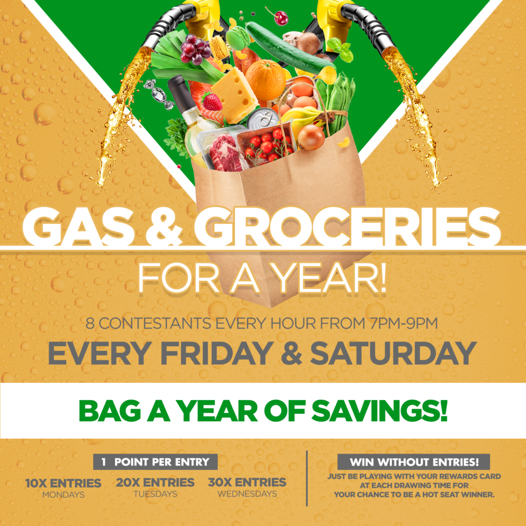 Promotional graphic for Dancing Eagle Casino & Travel Center’s “Gas & Groceries for a Year” promotion. Eight contestants are selected every hour from 7 PM–9 PM every Friday and Saturday for a chance to win a year of savings. Guests earn one entry per point, with 10x entries Mondays, 20x Tuesdays, and 30x Wednesdays. Guests playing with their Rewards Card during drawing times can also be selected as a hot seat winner without entries.