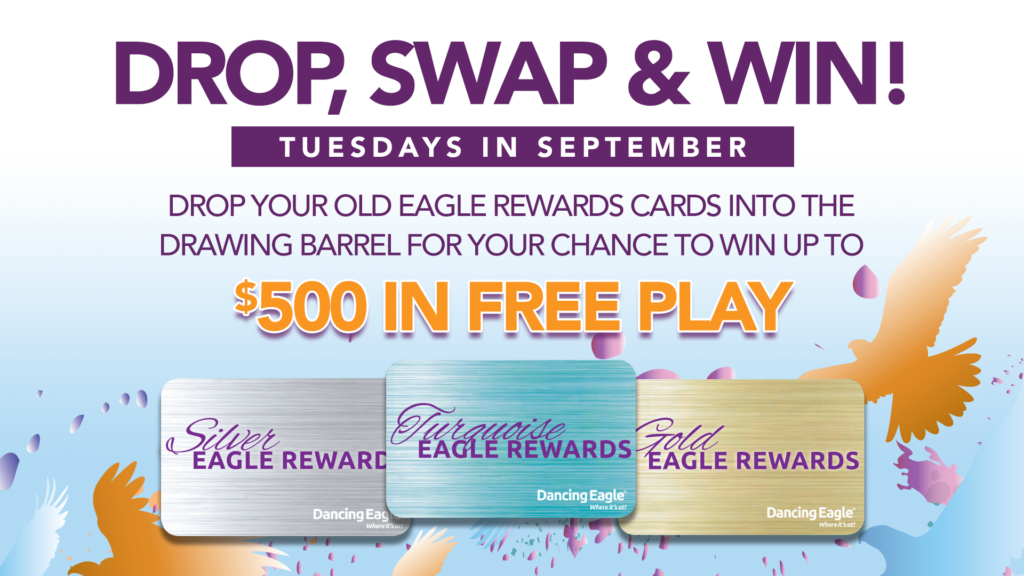 Promotional graphic for Dancing Eagle Casino & Travel Center’s “Gas & Groceries for a Year” promotion. Eight contestants are selected every hour from 7 PM–9 PM every Friday and Saturday for a chance to win a year of savings. Guests earn one entry per point, with 10x entries Mondays, 20x Tuesdays, and 30x Wednesdays. Guests playing with their Rewards Card during drawing times can also be selected as a hot seat winner without entries.