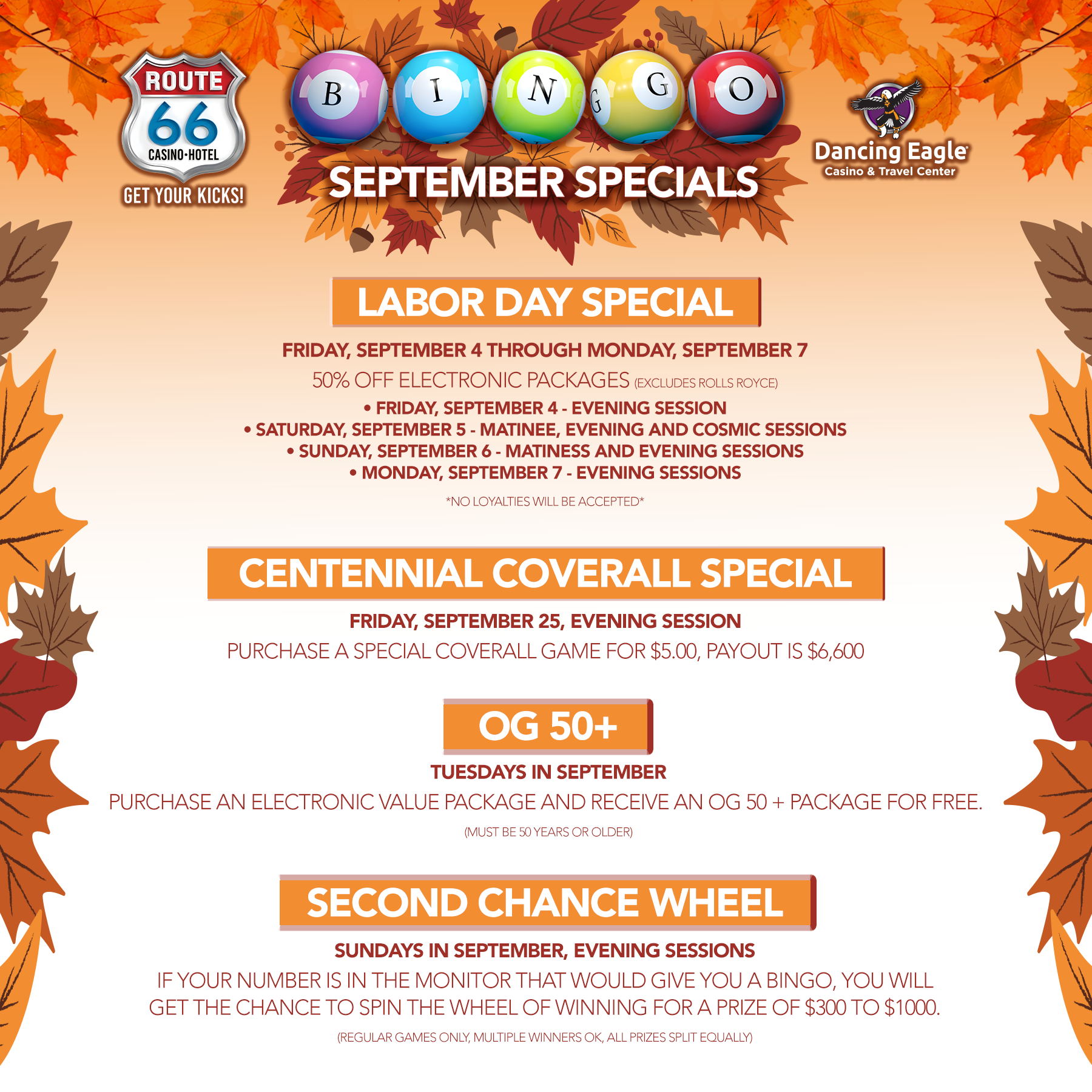 Promotional graphic for September Bingo Specials at Dancing Eagle Casino & Travel Center. Highlights include the Labor Day Special, September 4–7, with 50% off electronic packages during select sessions; the Centennial Coverall Special on Friday, September 25, featuring a $5 special coverall game with a $6,600 payout; OG 50+ Tuesdays, offering a free OG 50+ package with the purchase of an electronic value package for guests age 50 and older; and the Second Chance Wheel during Sunday evening sessions, with chances to win $300–$1,000.