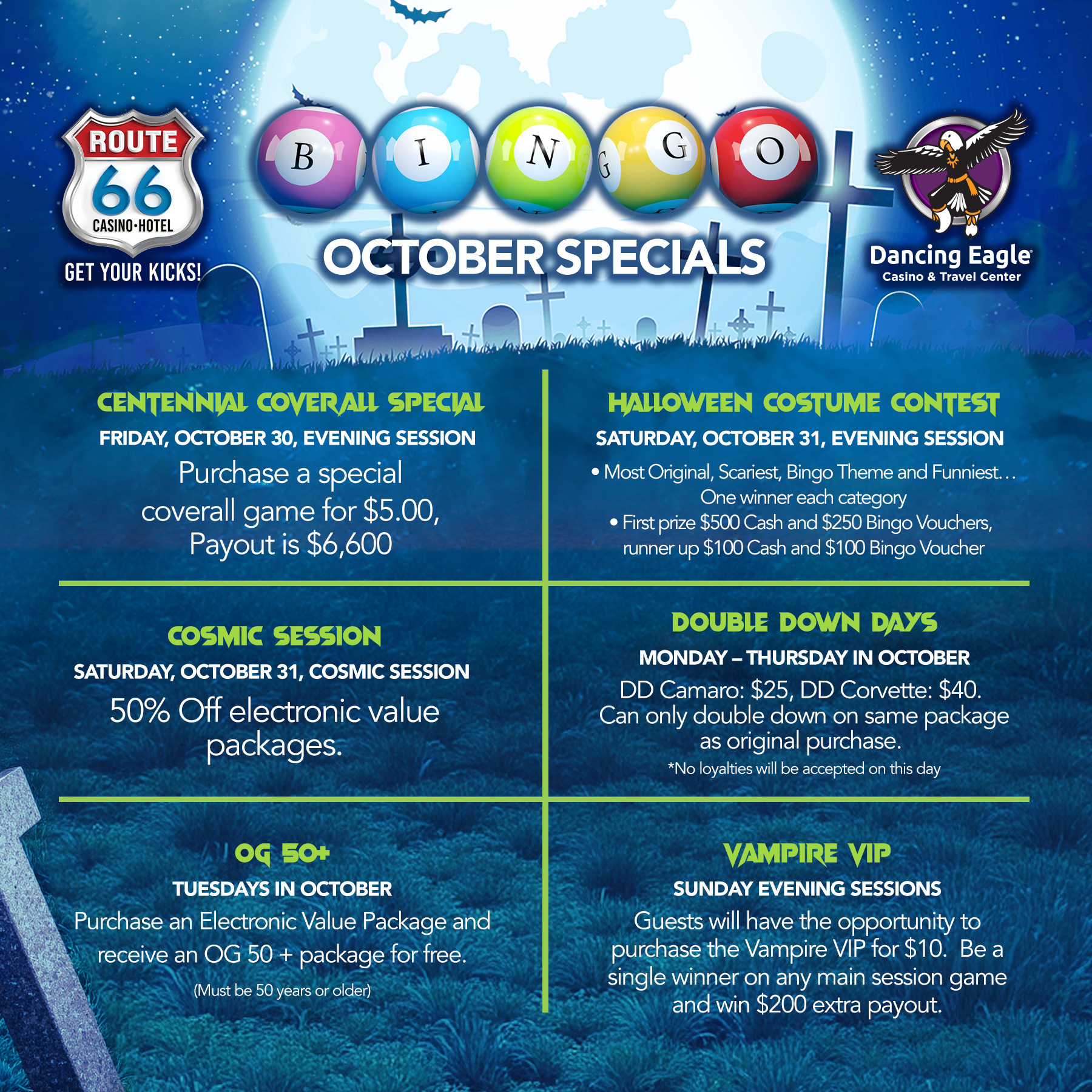 Promotional graphic for October Bingo Specials at Dancing Eagle Casino & Travel Center with a Halloween graveyard theme. Specials include the Centennial Coverall on October 30 with a $5 game and $6,600 payout; a Halloween Costume Contest on October 31 with cash and bingo voucher prizes; 50% off electronic value packages during the October 31 Cosmic Session; Double Down Days Monday–Thursday; OG 50+ Tuesdays with a free package for eligible guests; and Vampire VIP Sunday evening sessions with a chance to win an extra $200 payout.
